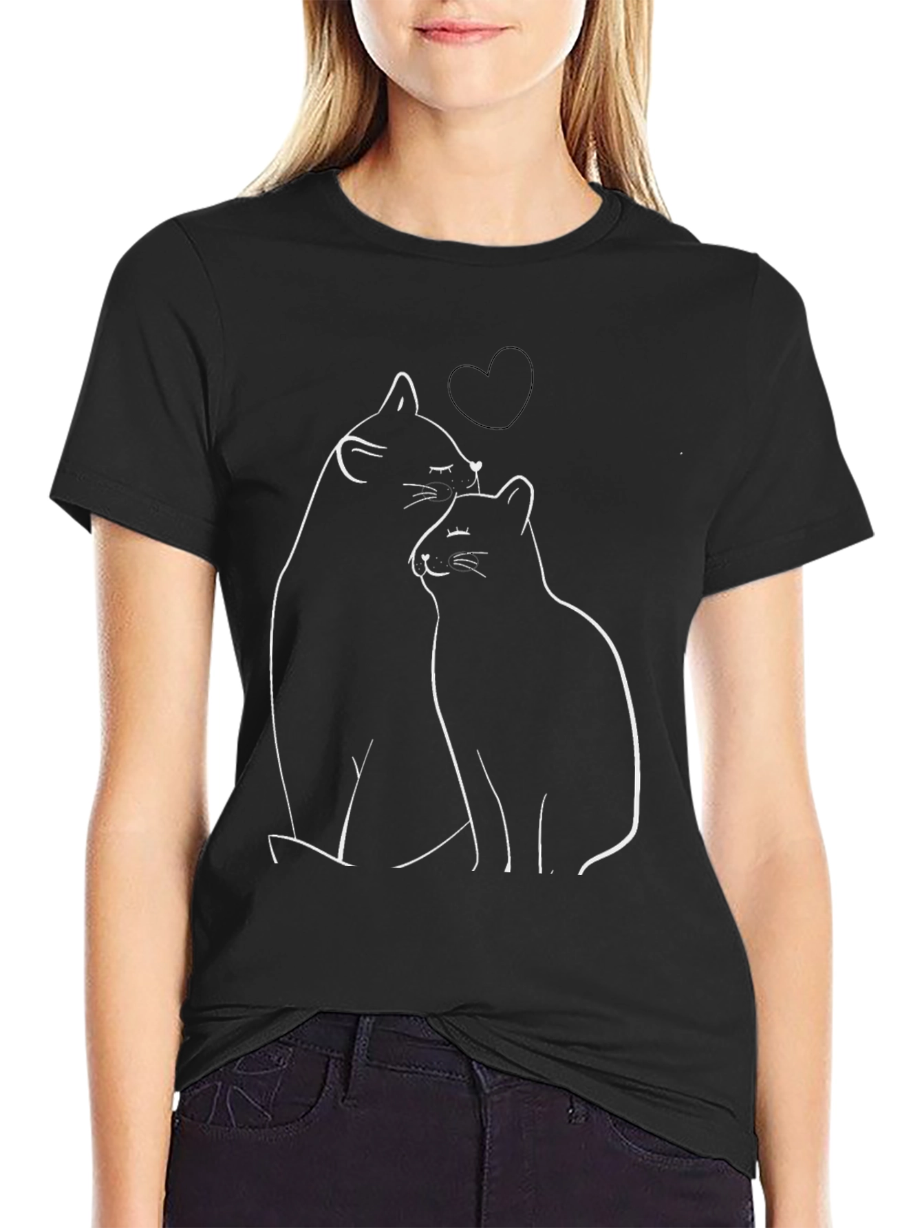 Cute Cats Heart T-Shirt - Black Casual Comfort