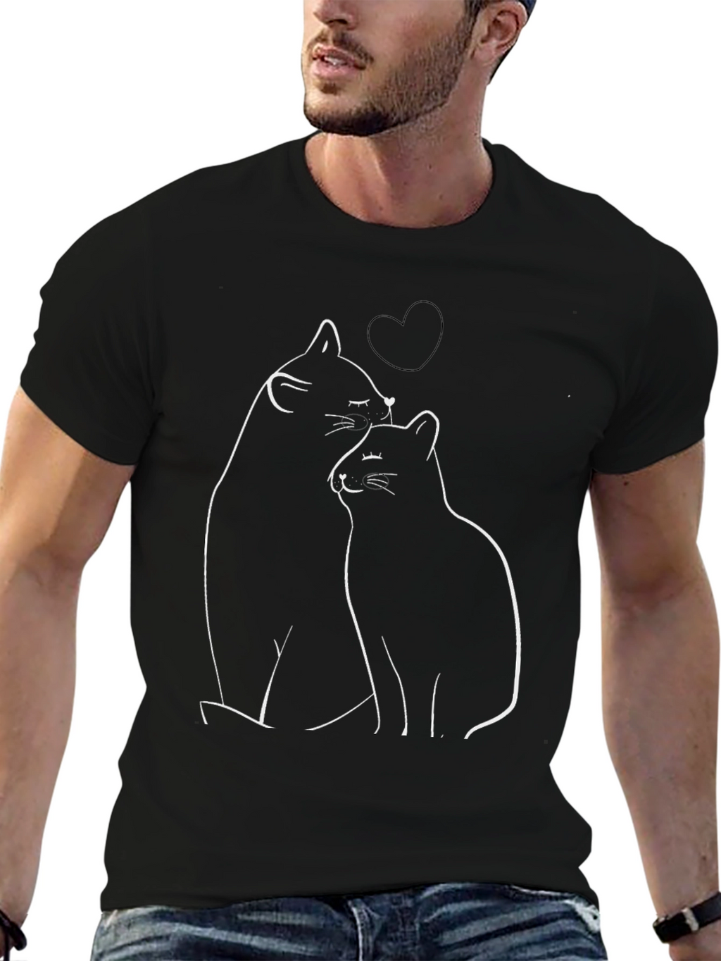Cute Cats Heart T-Shirt - Black Casual Comfort