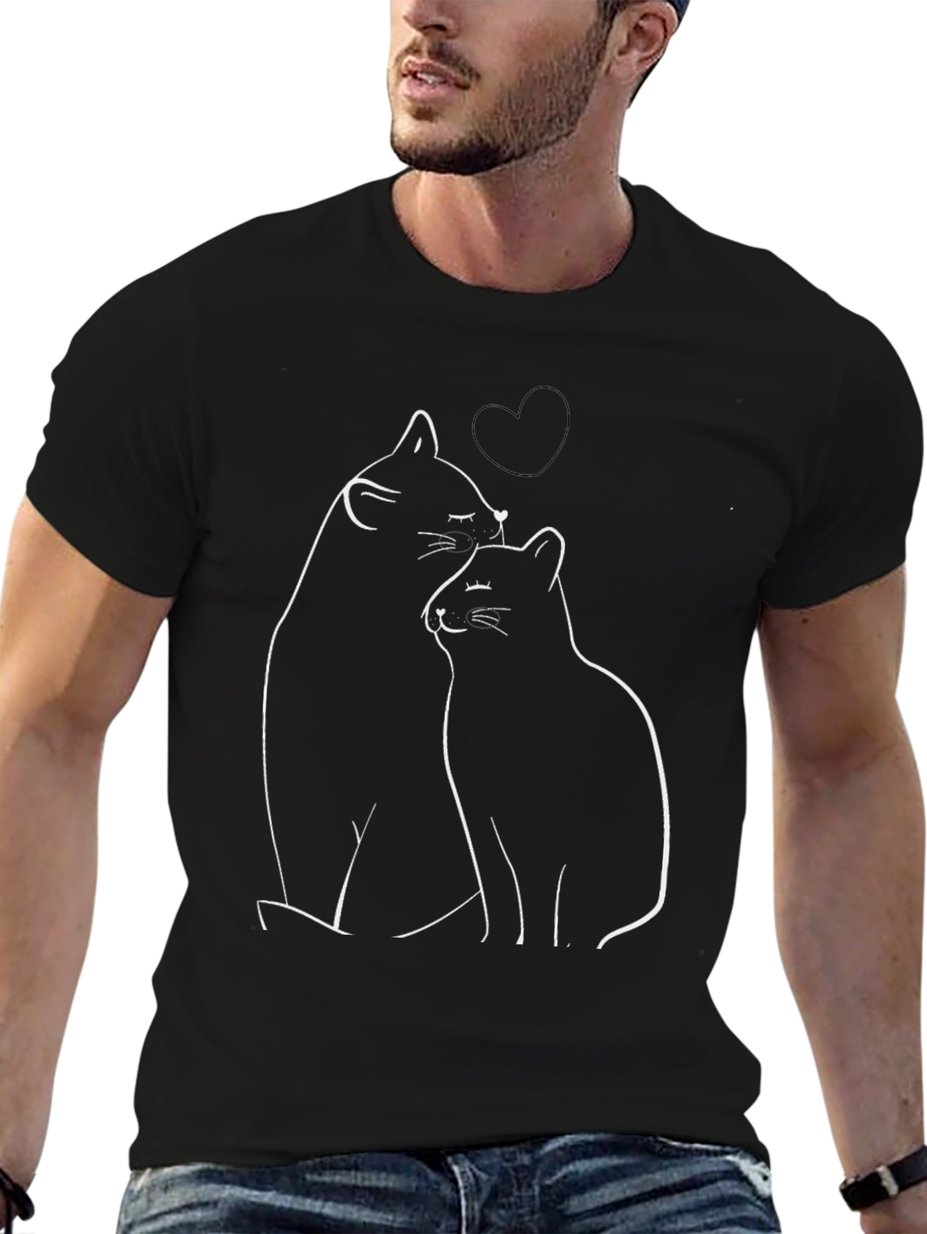 Cute Cats Heart T-Shirt - Black Casual Comfort