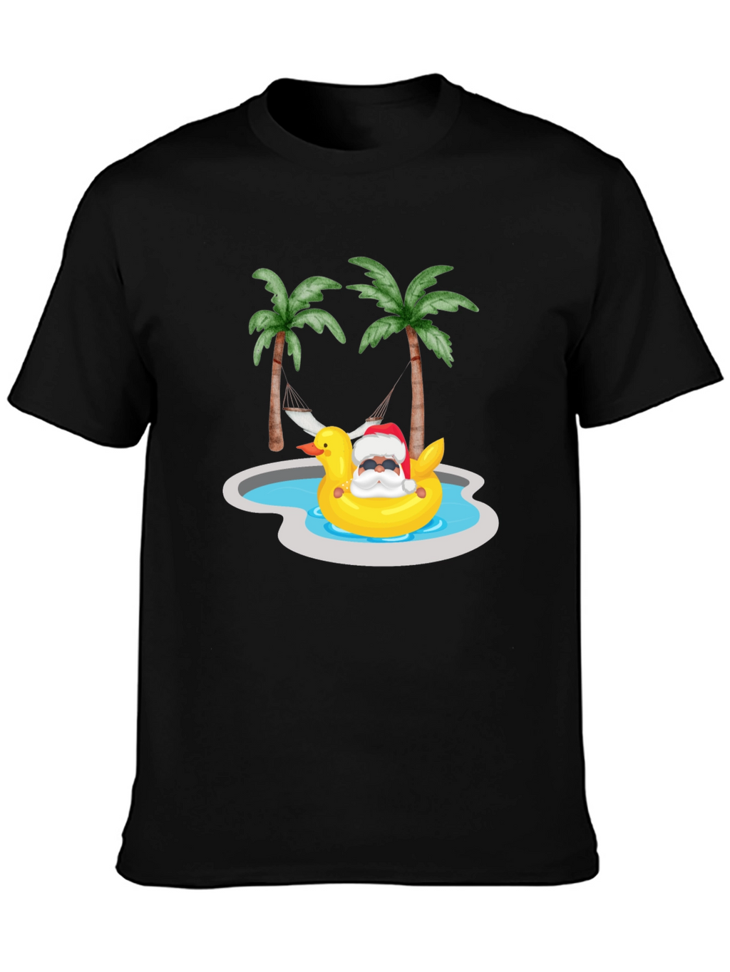 Tropical Santa Duck Pool Summer Black T-Shirt