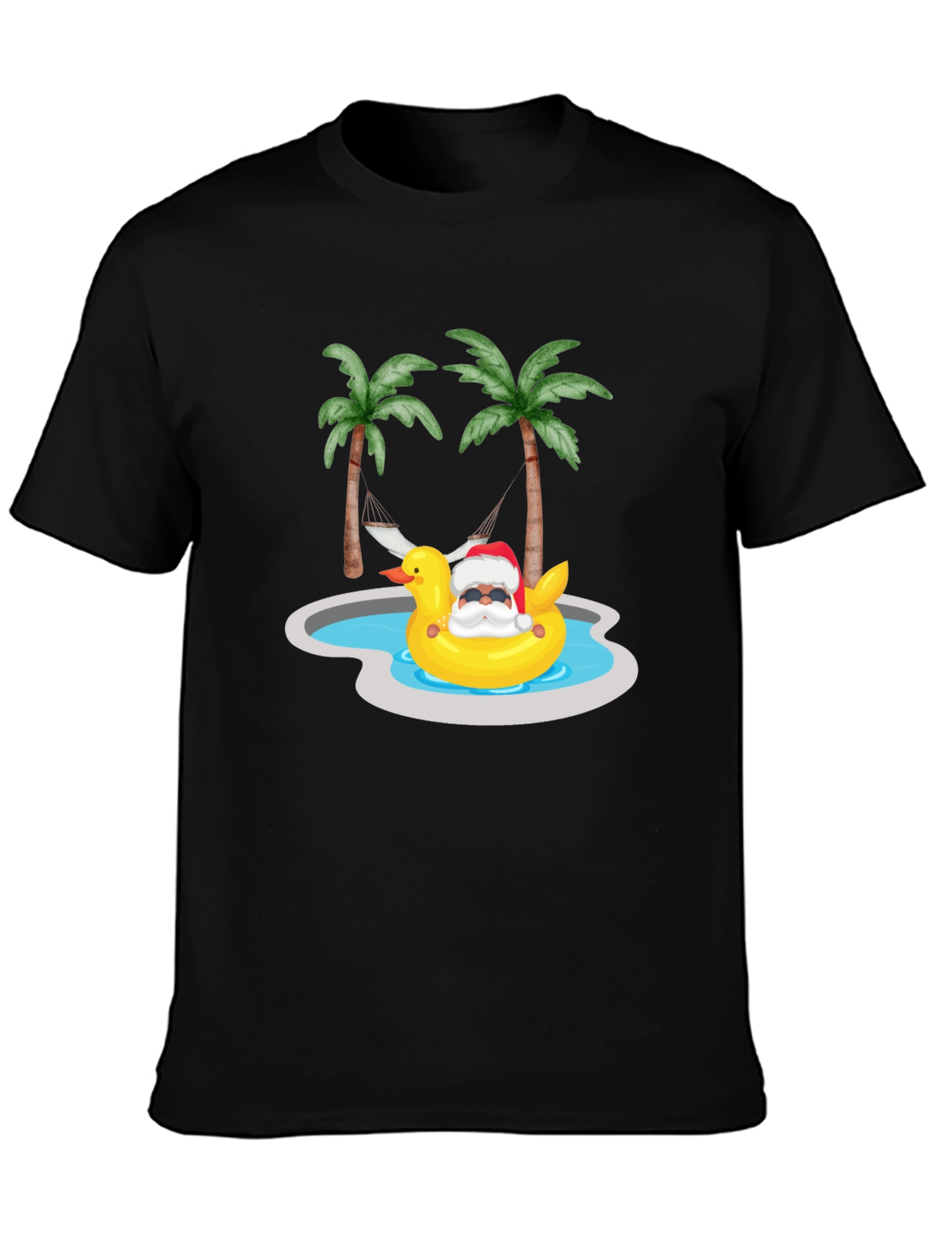 Tropical Santa Duck Pool Summer Black T-Shirt