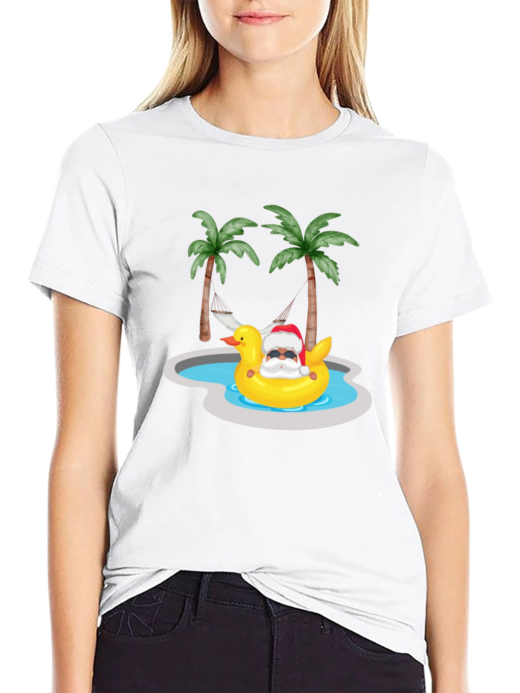 Tropical Santa Duck Pool Summer Black T-Shirt