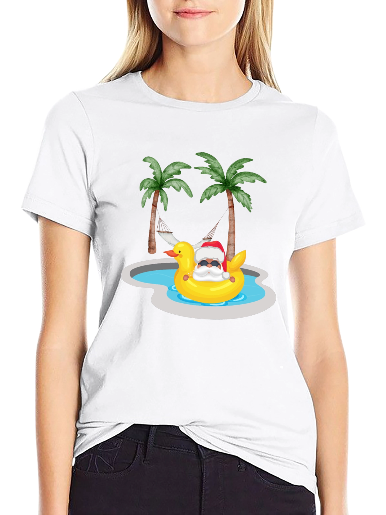 Tropical Santa Duck Pool Summer Black T-Shirt