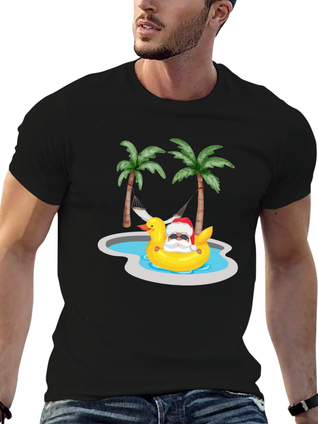 Tropical Santa Duck Pool Summer Black T-Shirt