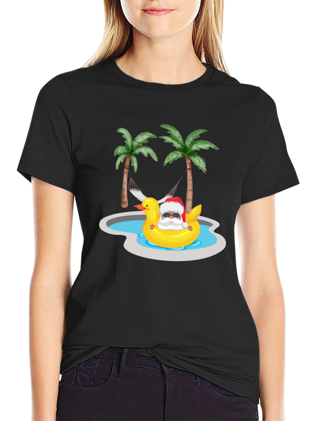 Tropical Santa Duck Pool Summer Black T-Shirt