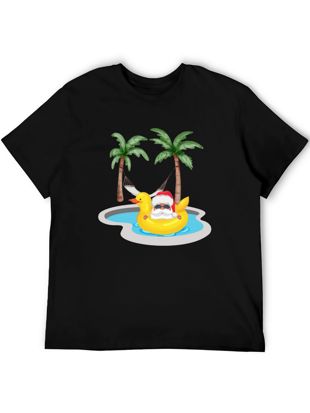 Tropical Santa Duck Pool Summer Black T-Shirt