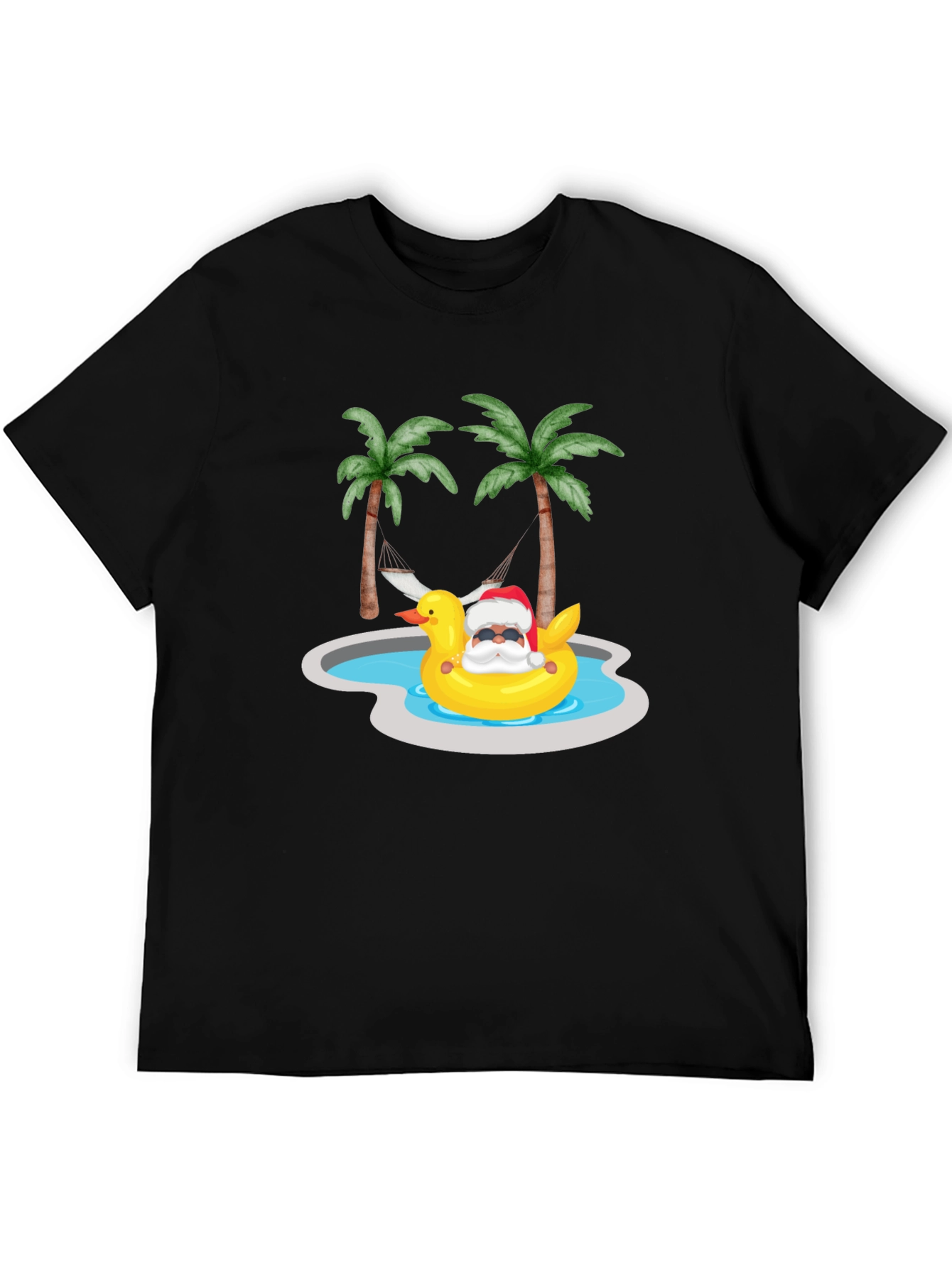 Tropical Santa Duck Pool Summer Black T-Shirt