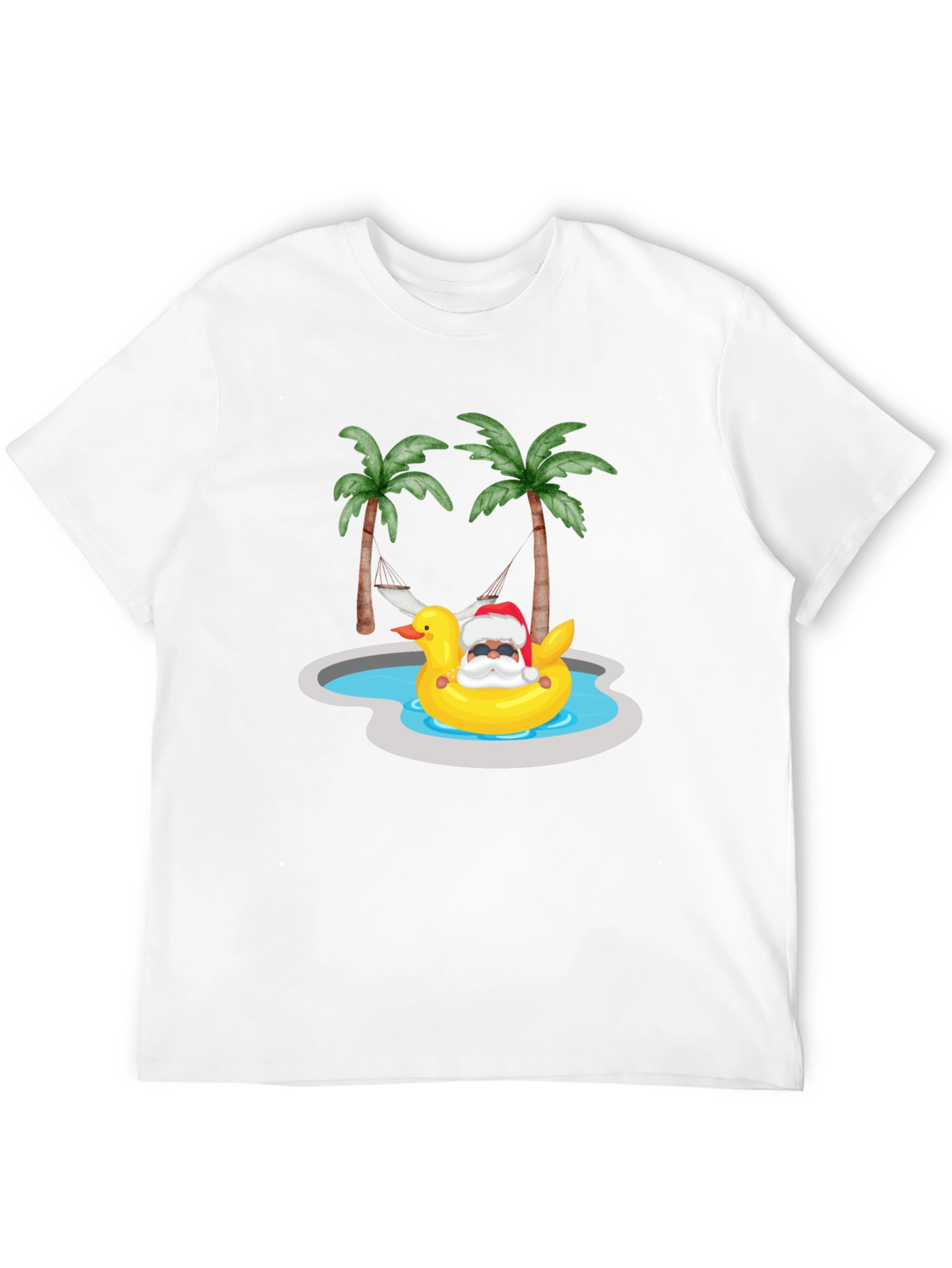 Tropical Santa Duck Pool Summer Black T-Shirt