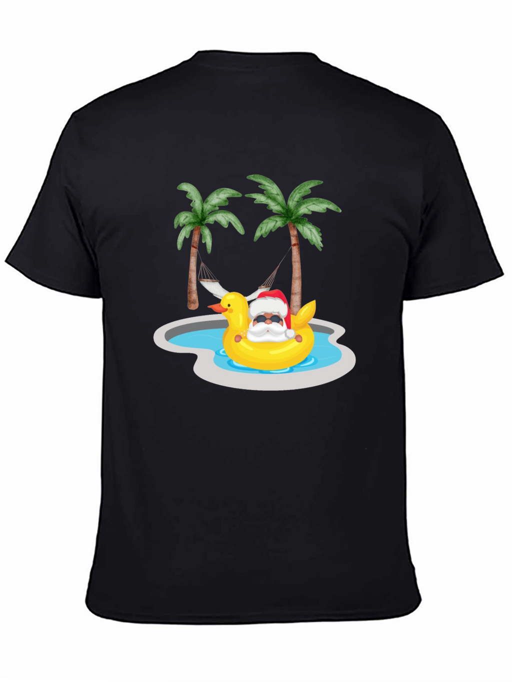 Tropical Santa Duck Pool Summer Black T-Shirt