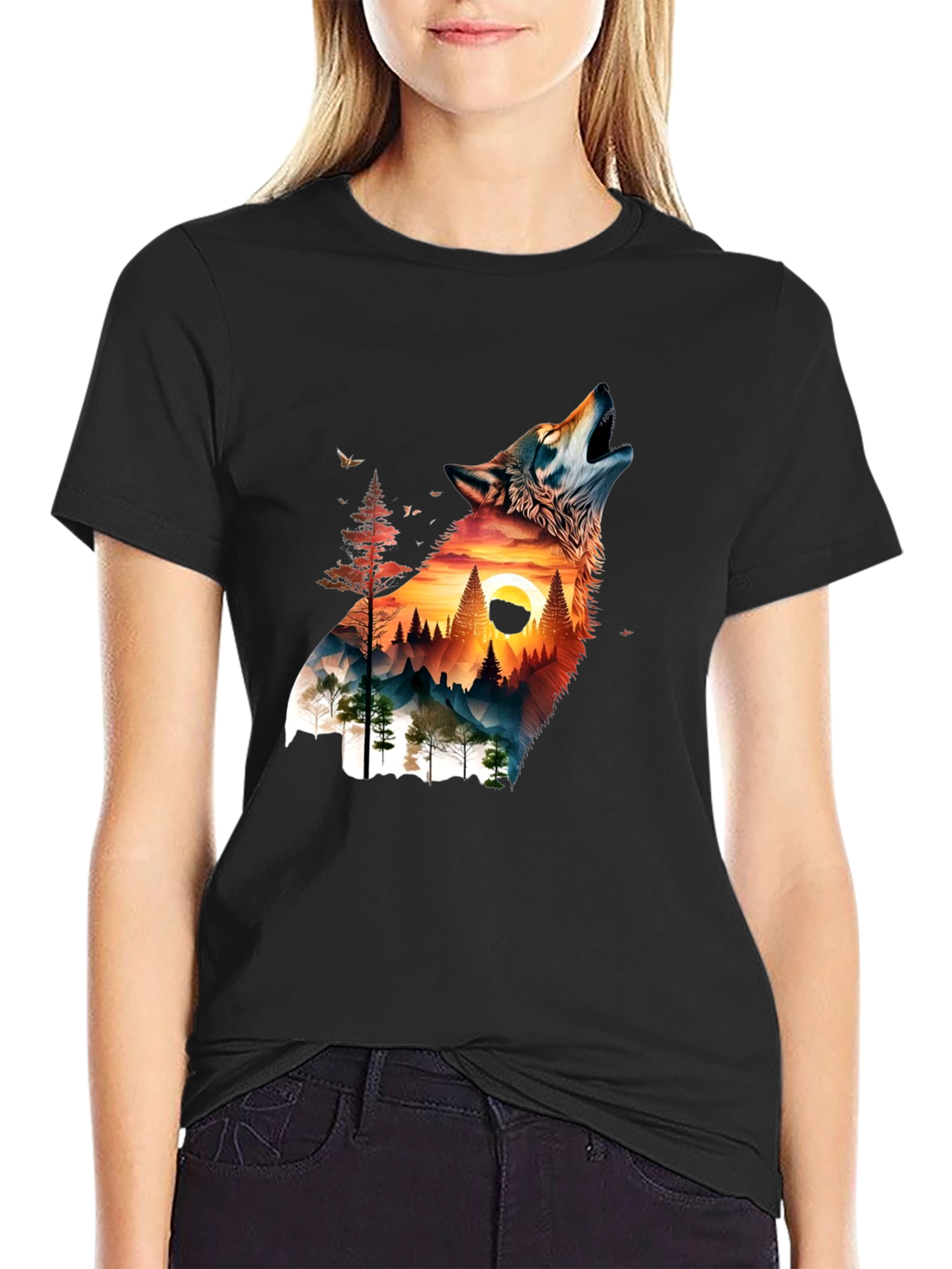 Wolf & Mountain Graphic Print Mens T-Shirt