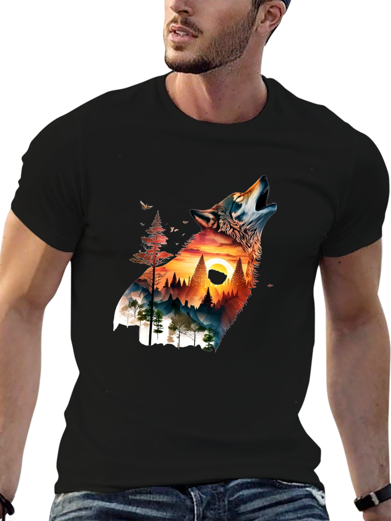 Wolf & Mountain Graphic Print Mens T-Shirt