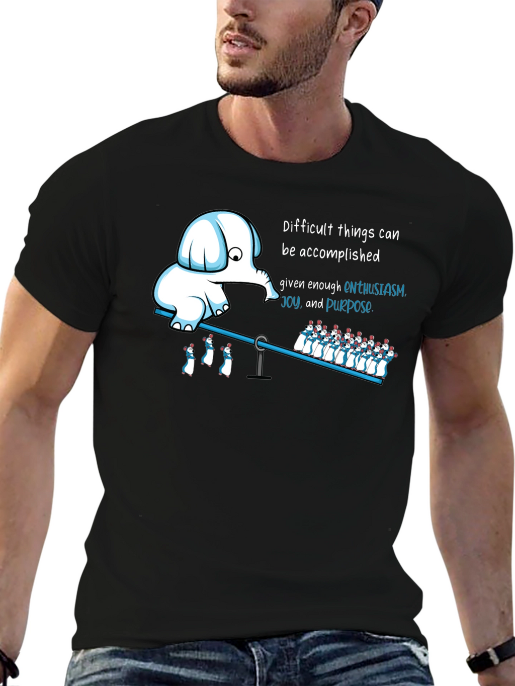 Enthusiasm T-Shirt: Elephant & Penguins on a Seesaw