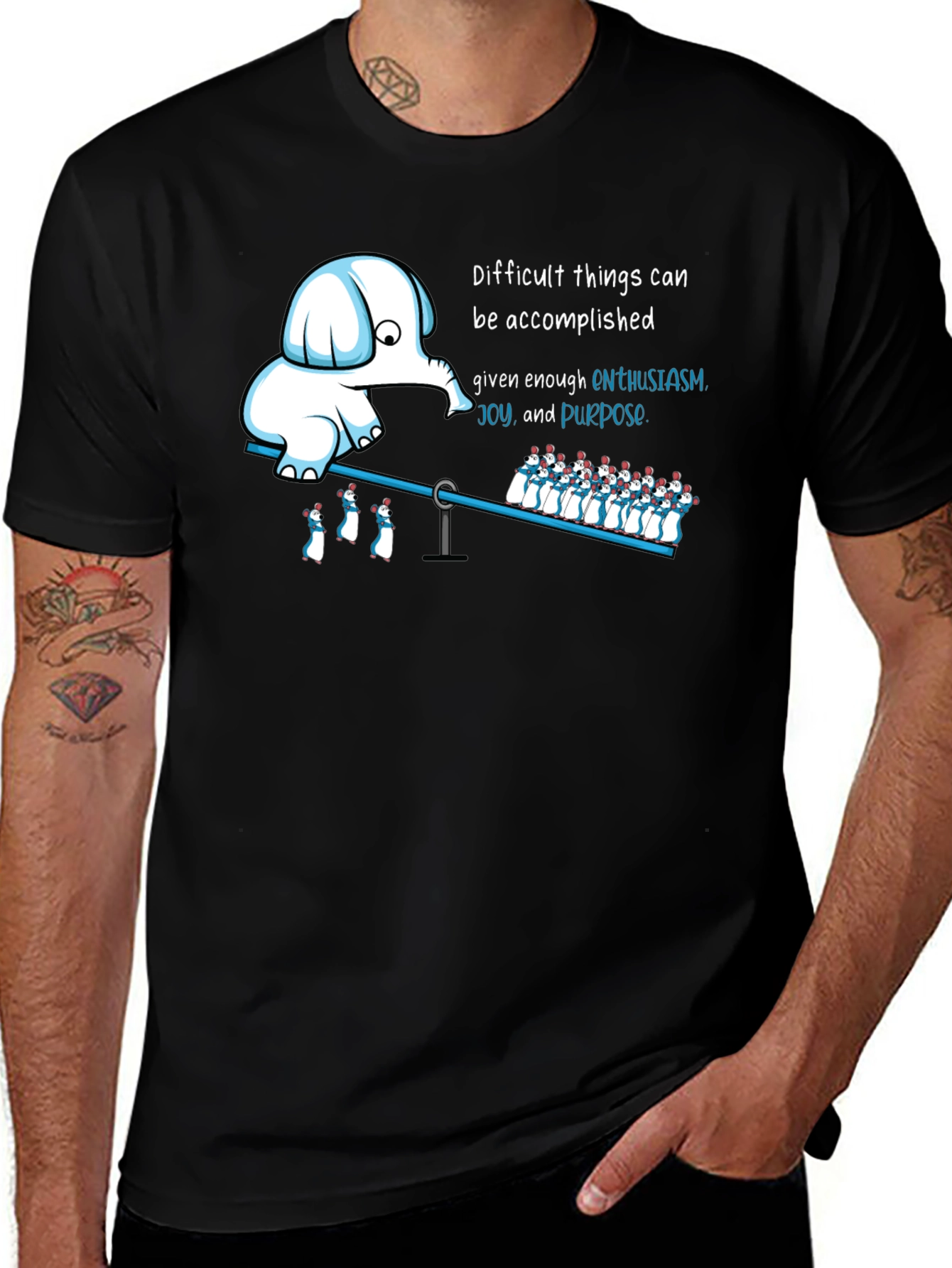 Enthusiasm T-Shirt: Elephant & Penguins on a Seesaw