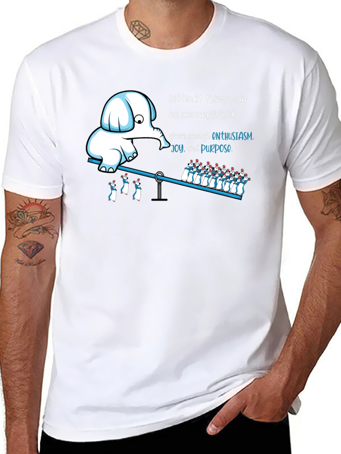 Enthusiasm T-Shirt: Elephant & Penguins on a Seesaw