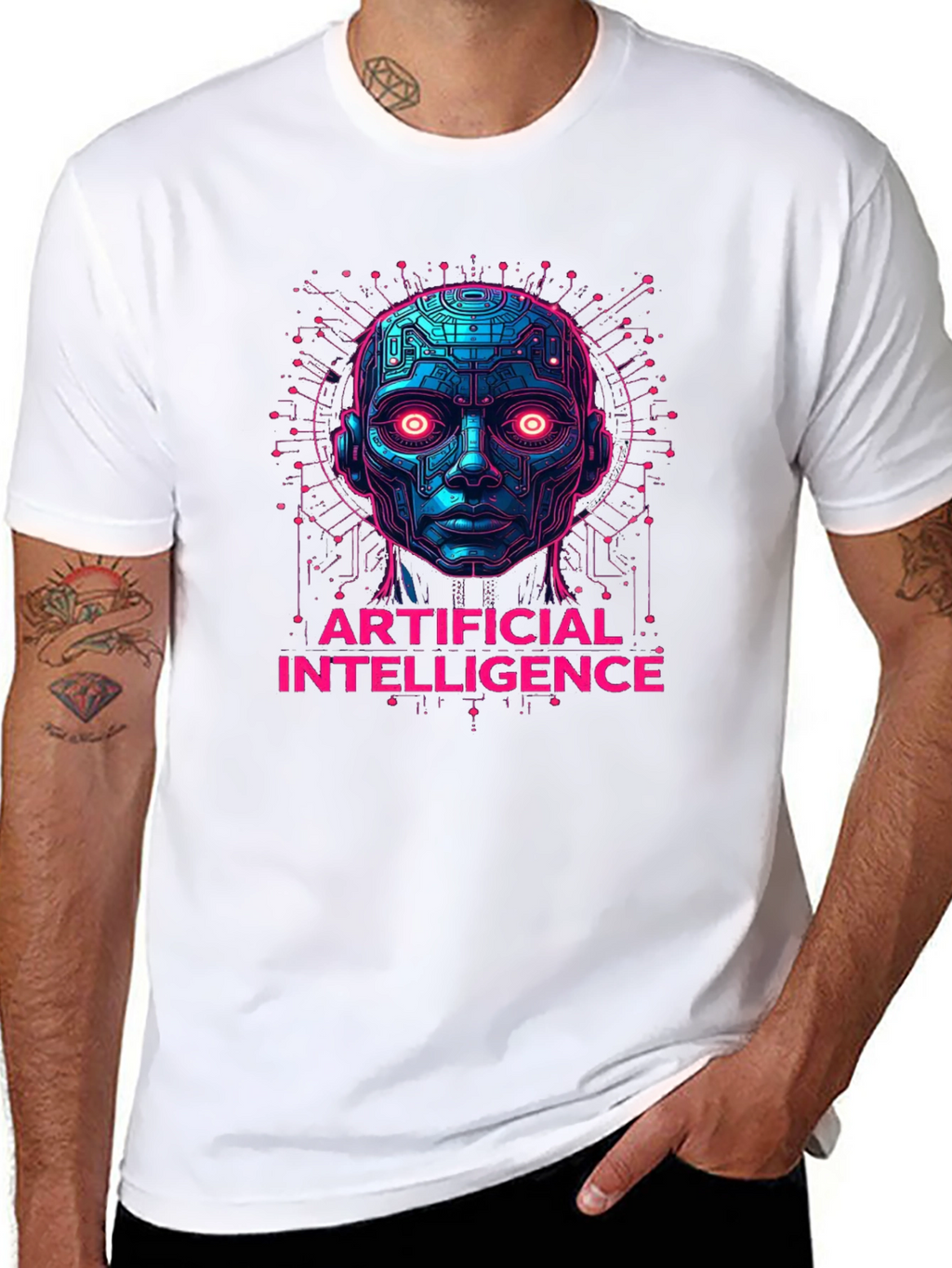 AI Robot Head Graphic Tee - Tech Enthusiast Apparel