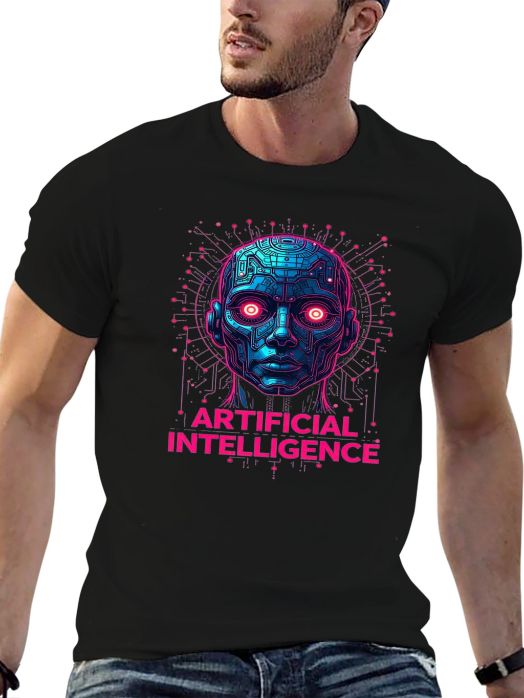 AI Robot Head Graphic Tee - Tech Enthusiast Apparel