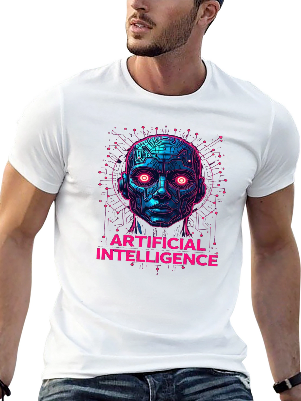 AI Robot Head Graphic Tee - Tech Enthusiast Apparel