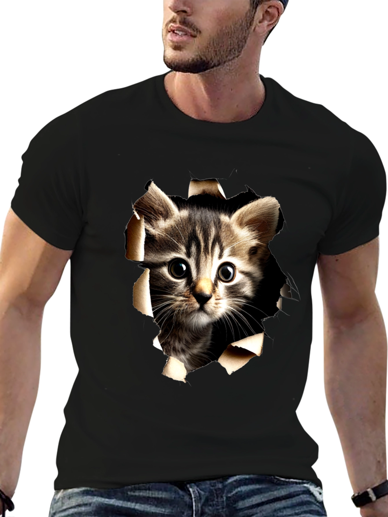 Cat Peeking Through Ripped Tee