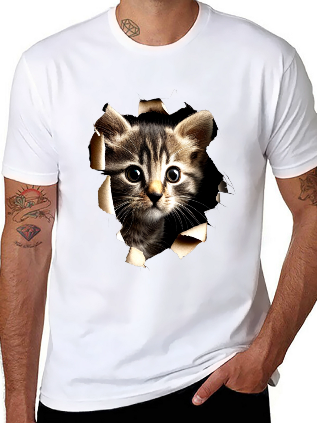 Cat Peeking Through Ripped Tee