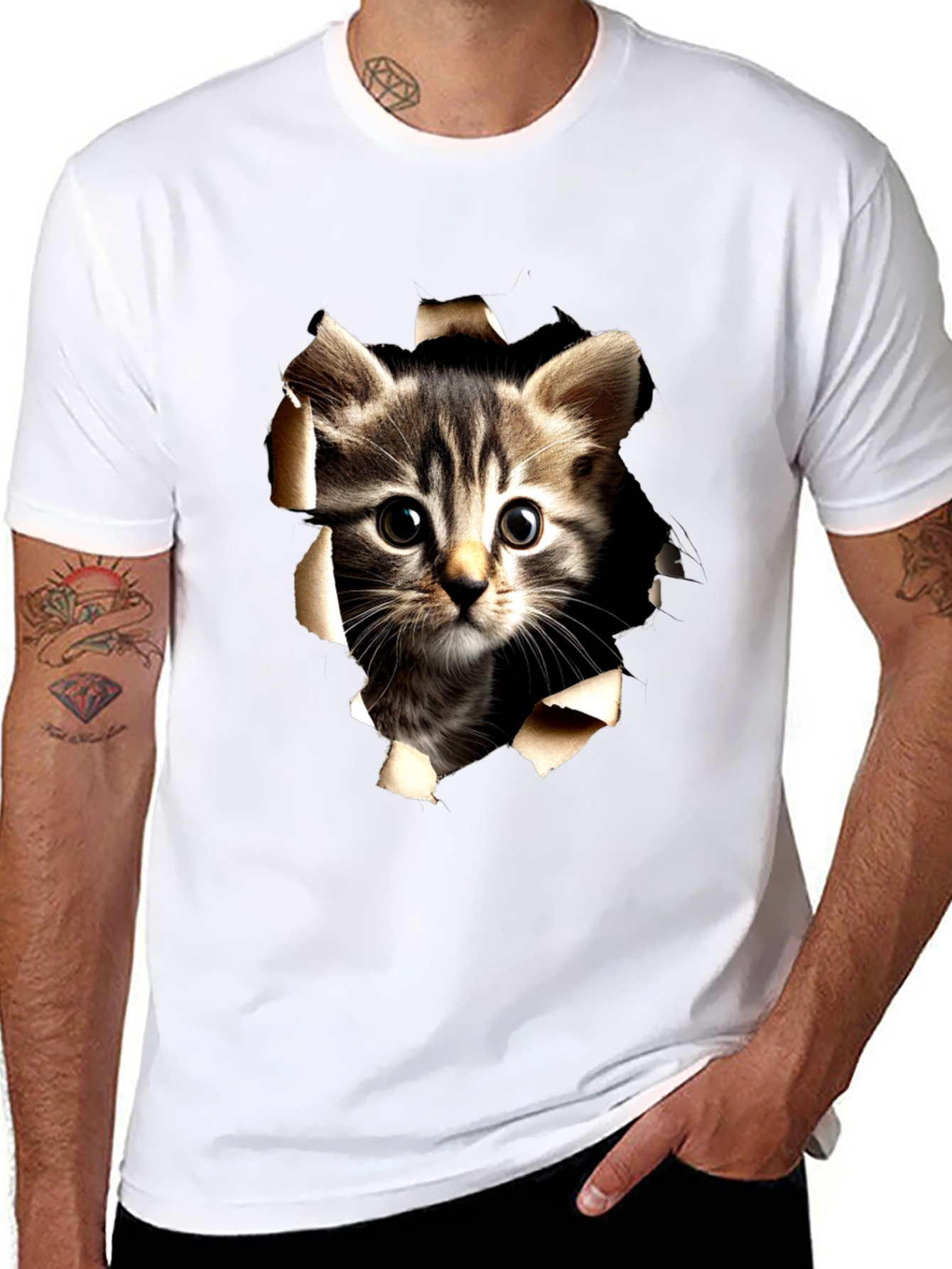 Cat Peeking Through Ripped Tee