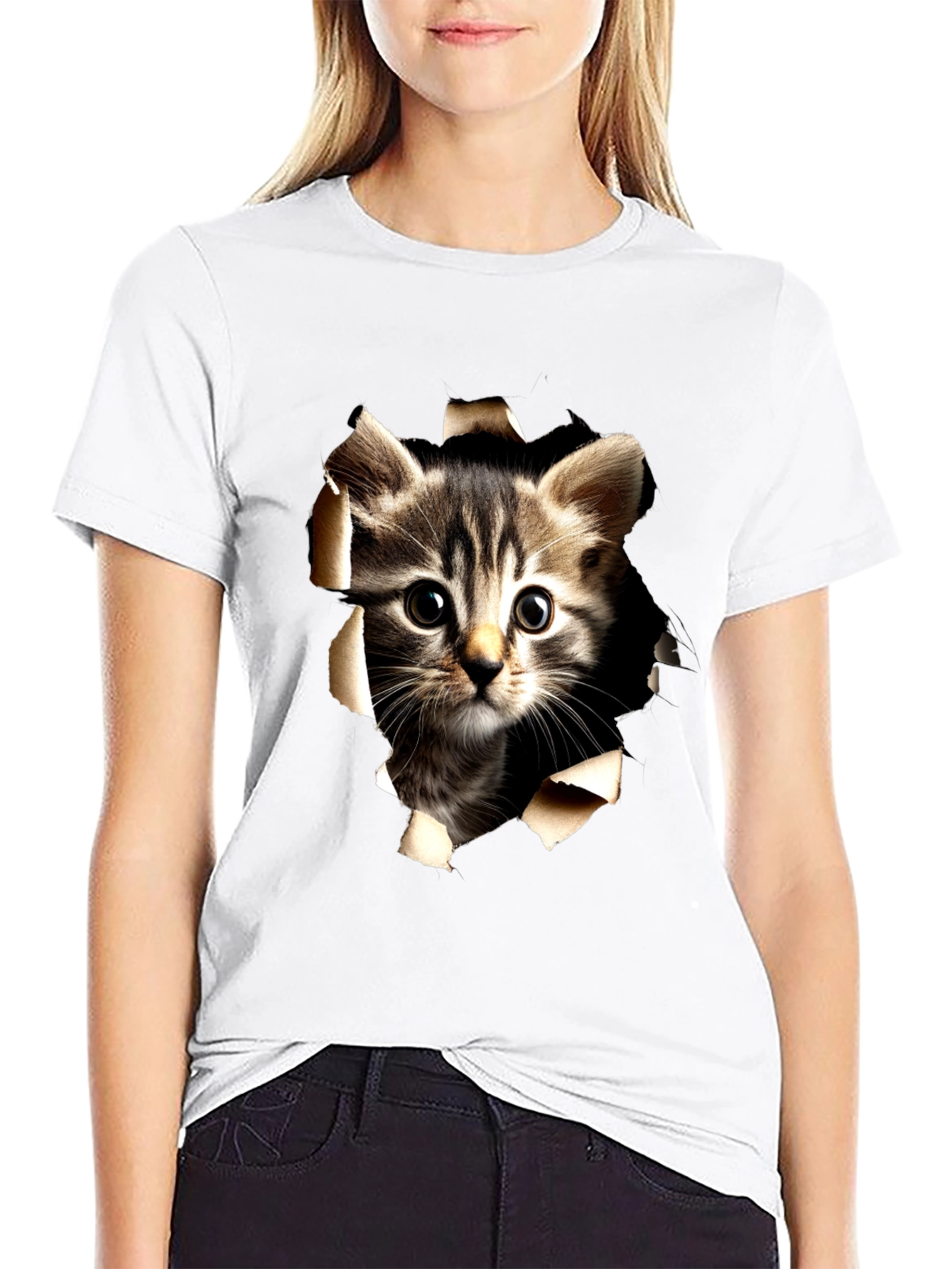 Cat Peeking Through Ripped Tee
