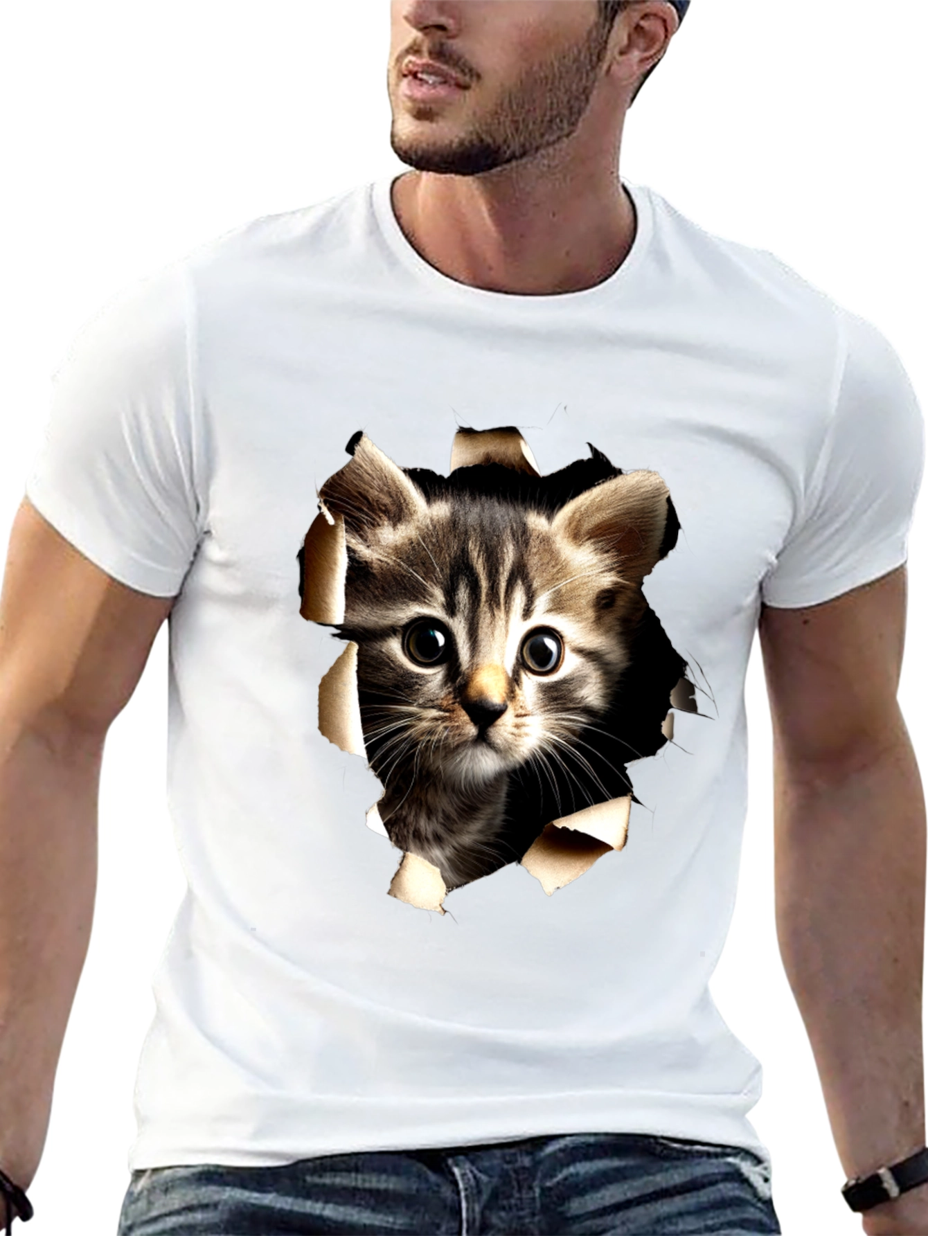Cat Peeking Through Ripped Tee