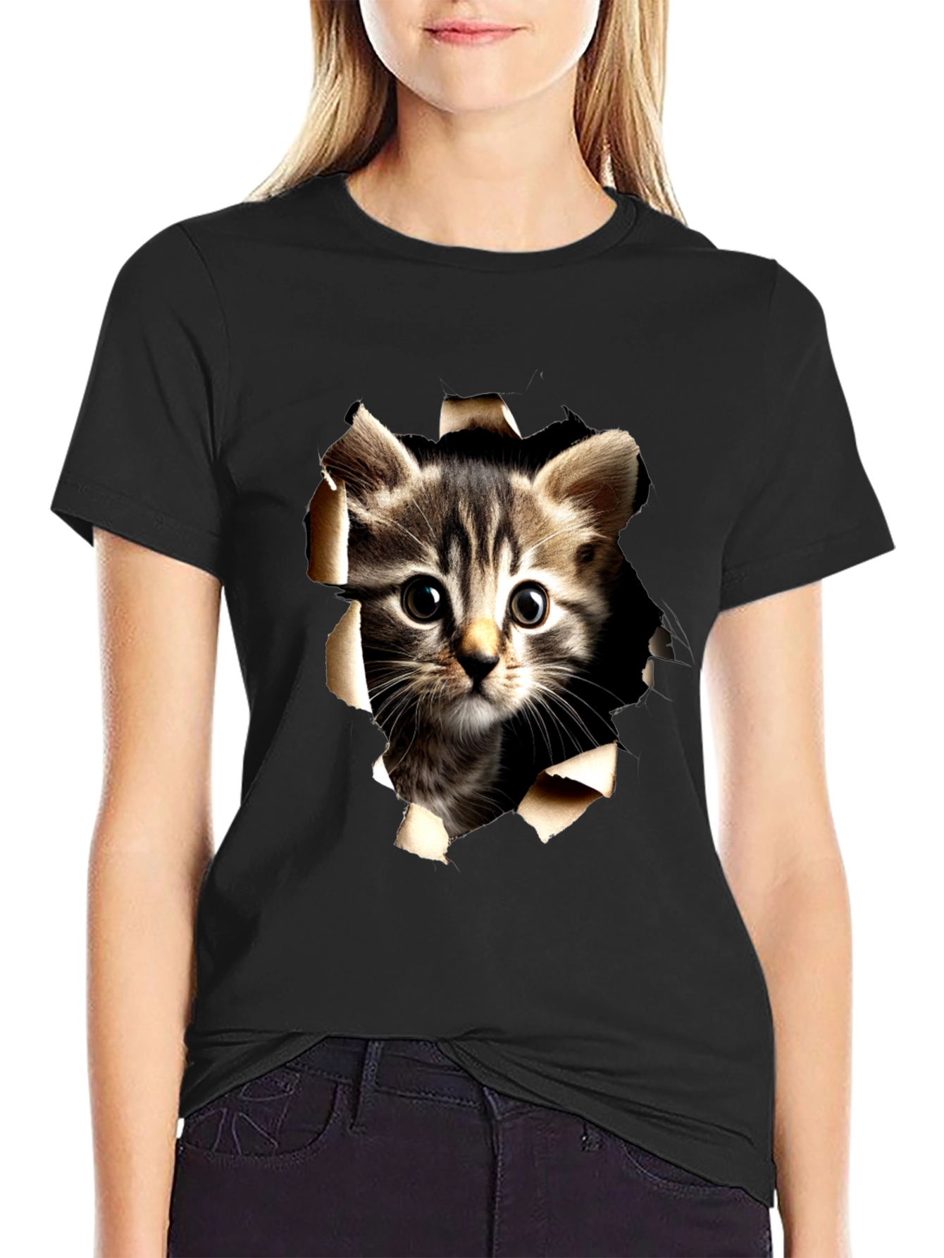 Cat Peeking Through Ripped Tee