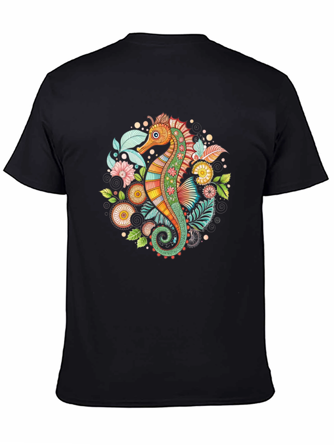 Seahorse Floral Graphic Tee - Black Cotton Blend