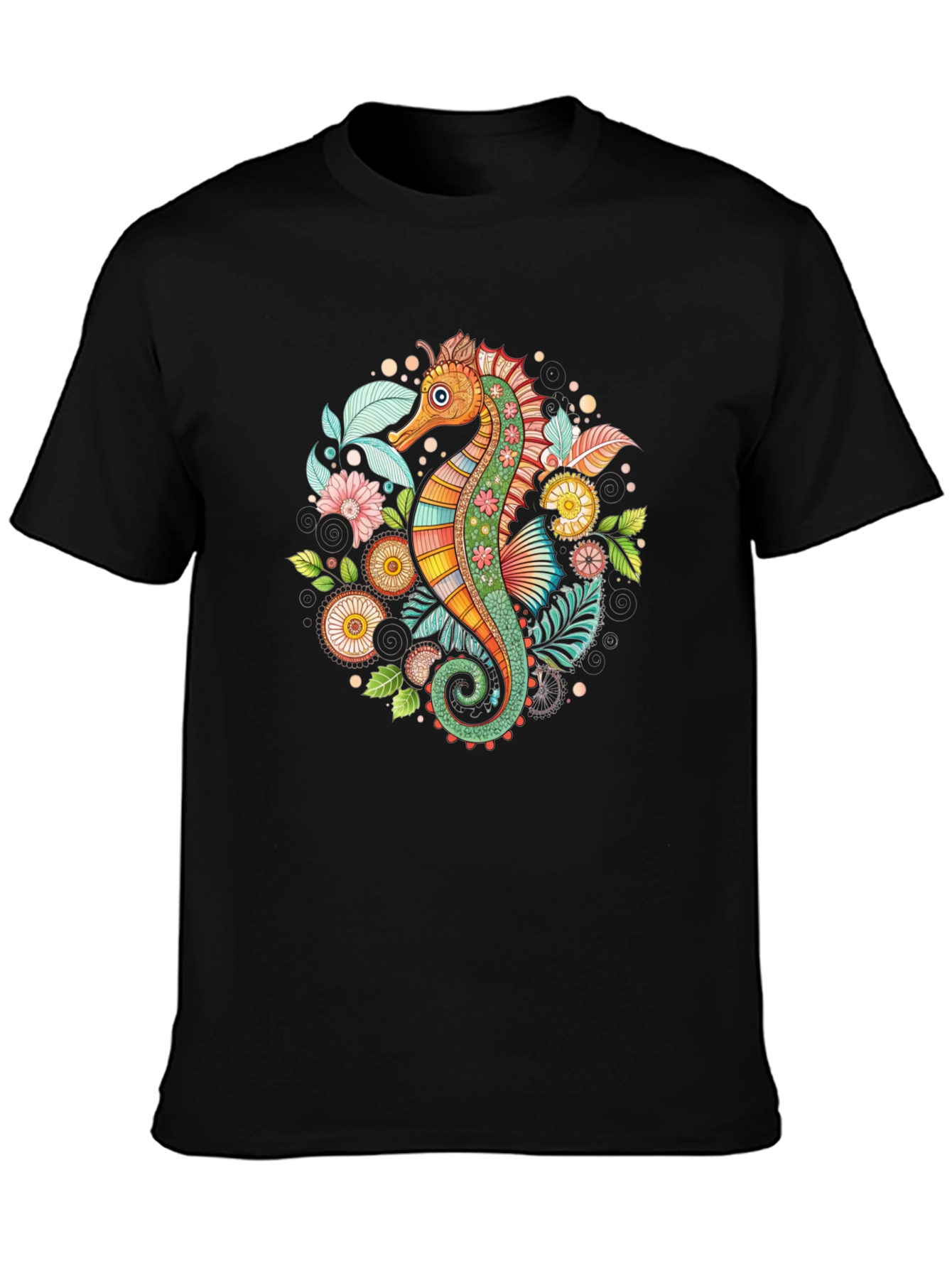 Seahorse Floral Graphic Tee - Black Cotton Blend