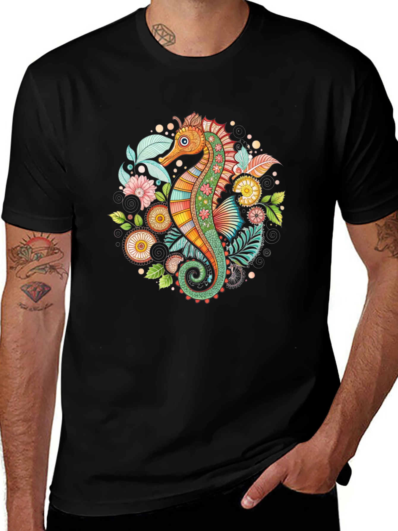 Seahorse Floral Graphic Tee - Black Cotton Blend