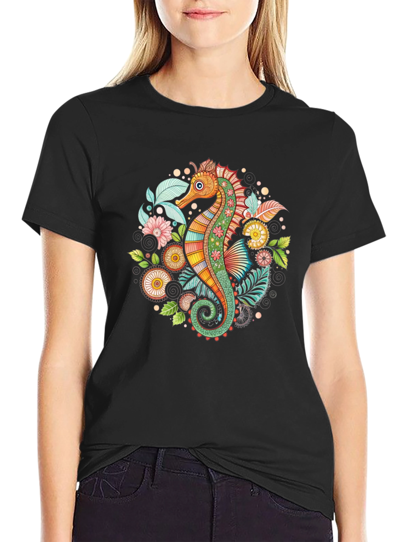 Seahorse Floral Graphic Tee - Black Cotton Blend