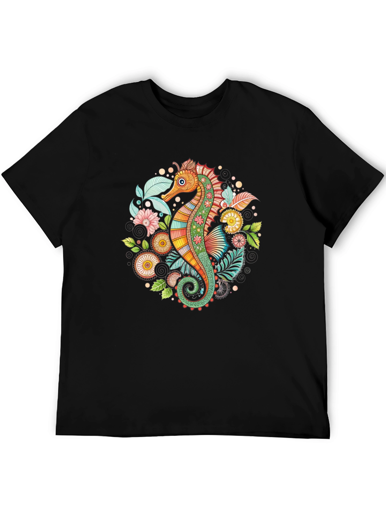 Seahorse Floral Graphic Tee - Black Cotton Blend