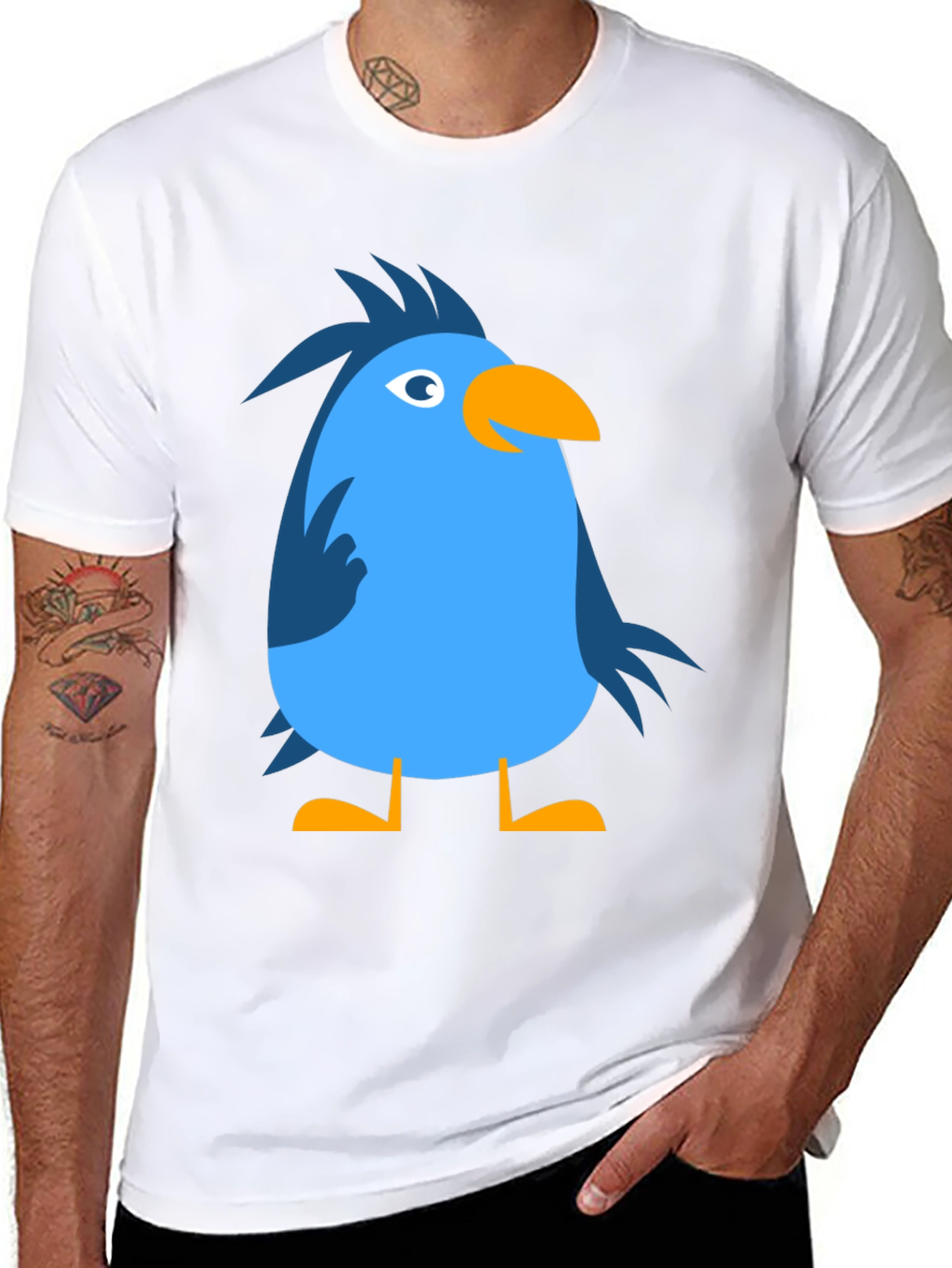Cartoon Bird Graphic Tee - Black Cotton Casual T-Shirt