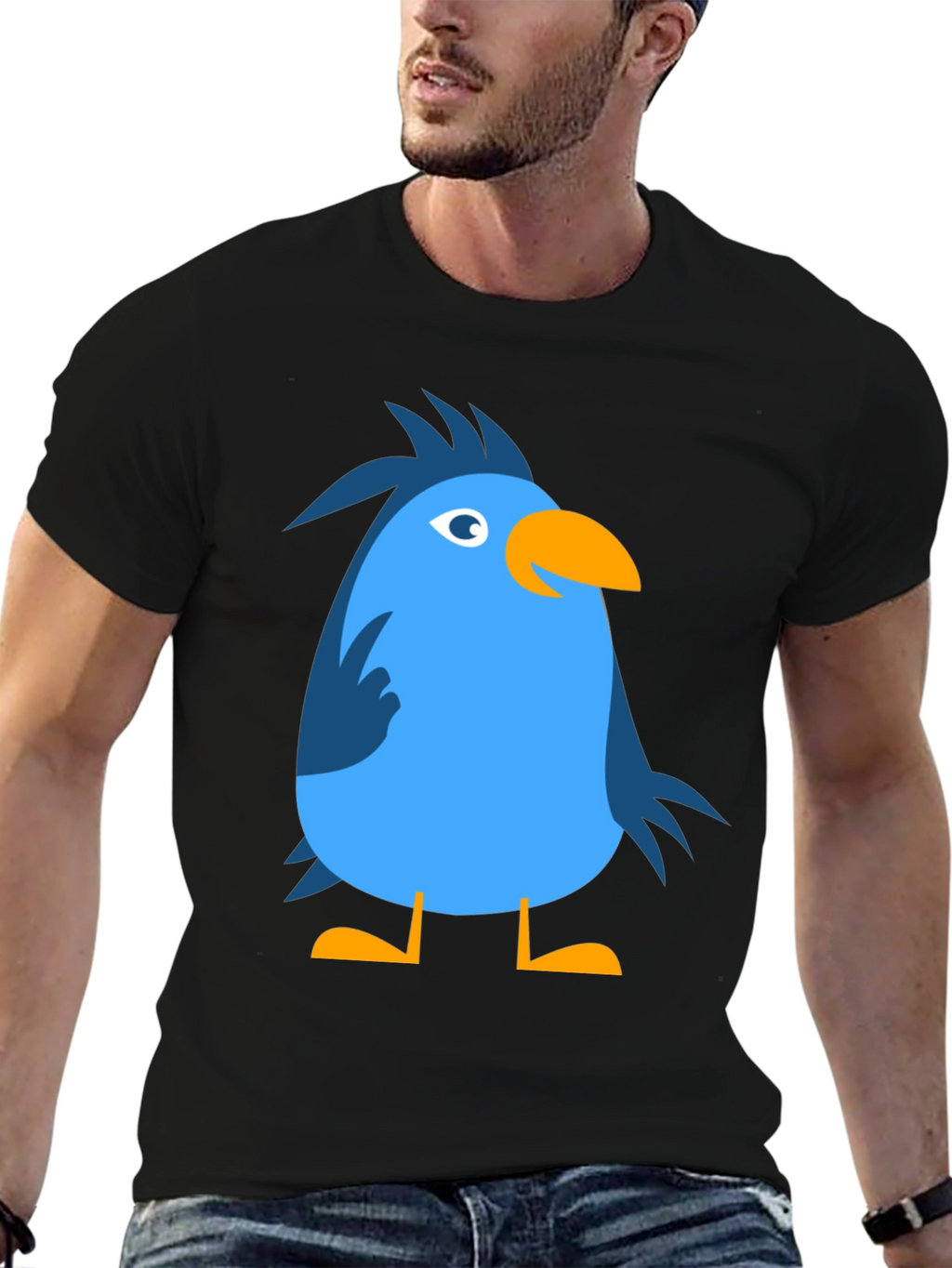 Cartoon Bird Graphic Tee - Black Cotton Casual T-Shirt