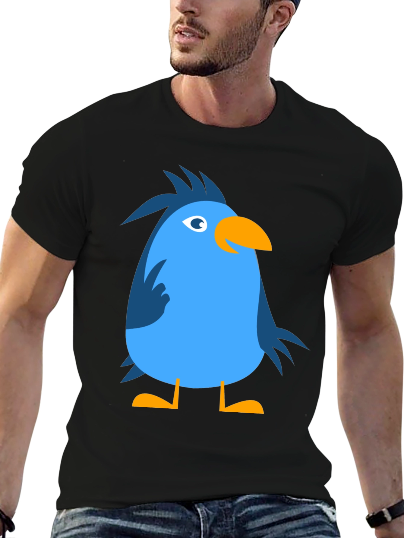 Cartoon Bird Graphic Tee - Black Cotton Casual T-Shirt