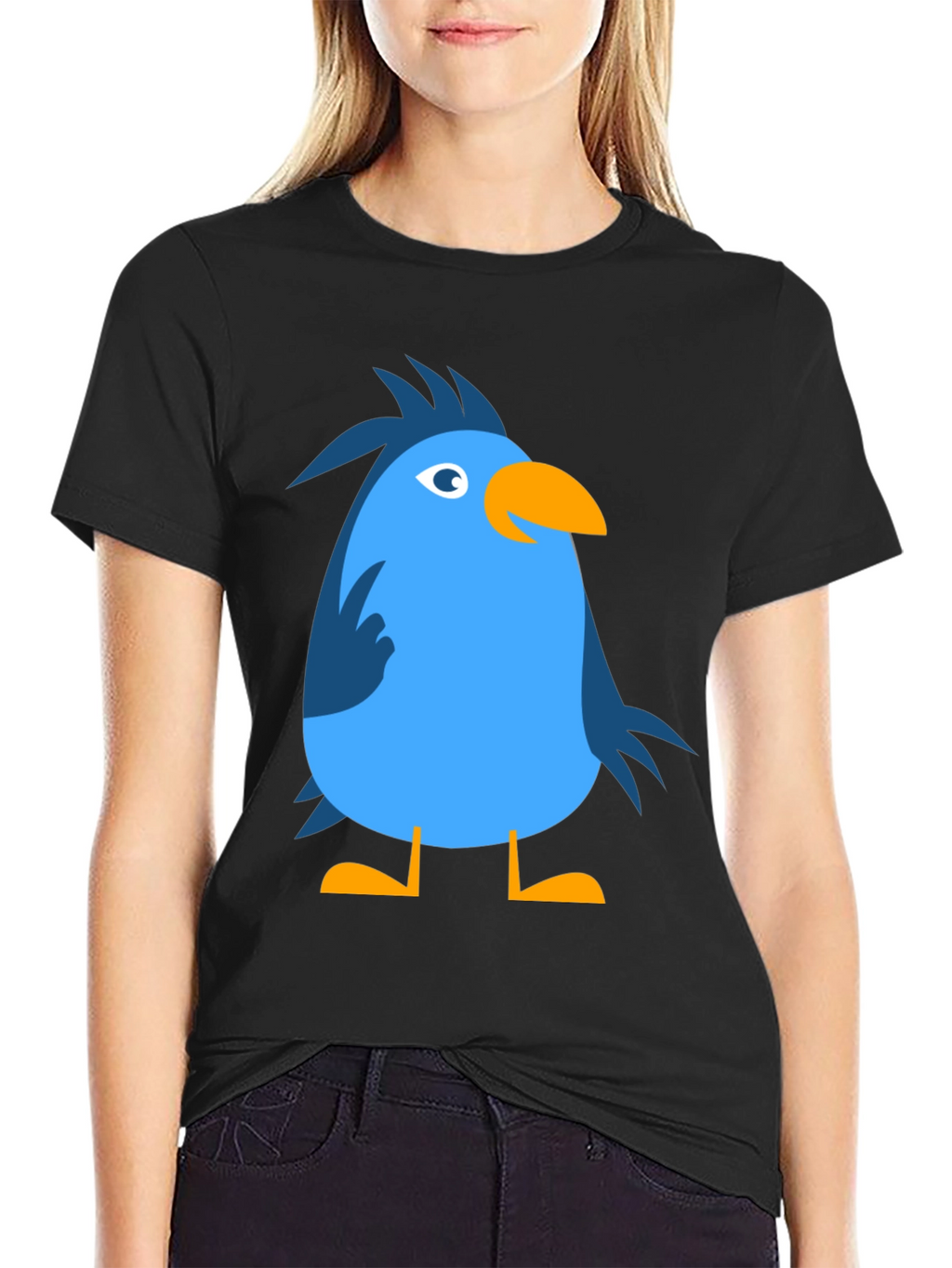 Cartoon Bird Graphic Tee - Black Cotton Casual T-Shirt