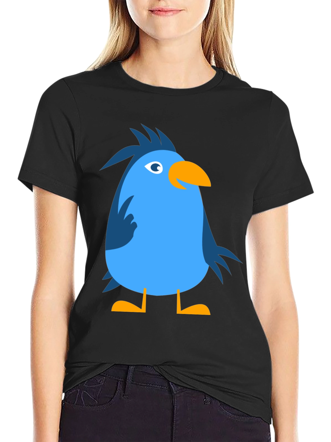 Cartoon Bird Graphic Tee - Black Cotton Casual T-Shirt
