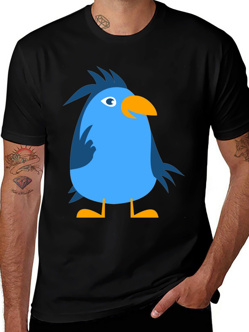 Cartoon Bird Graphic Tee - Black Cotton Casual T-Shirt