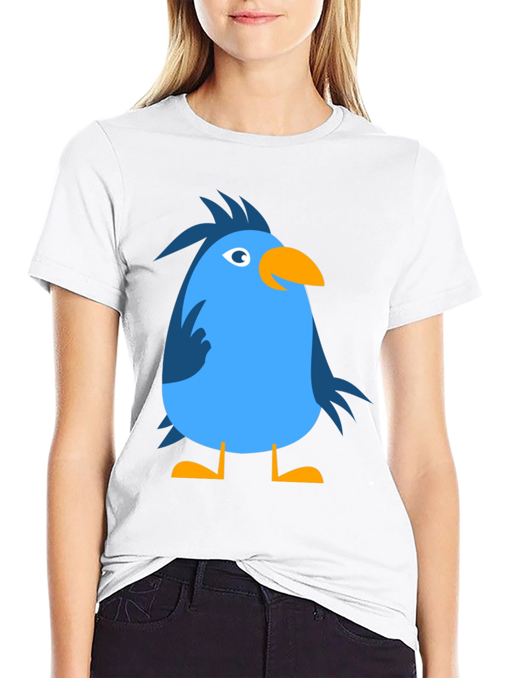 Cartoon Bird Graphic Tee - Black Cotton Casual T-Shirt