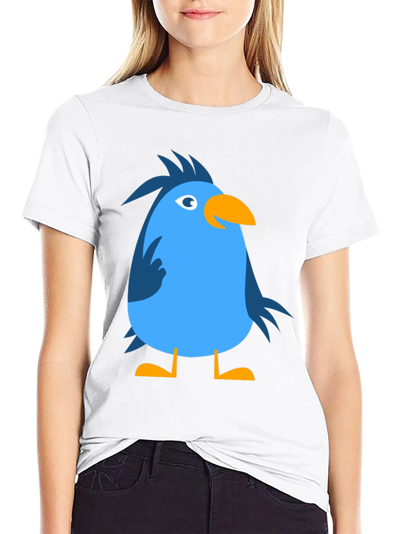 Cartoon Bird Graphic Tee - Black Cotton Casual T-Shirt