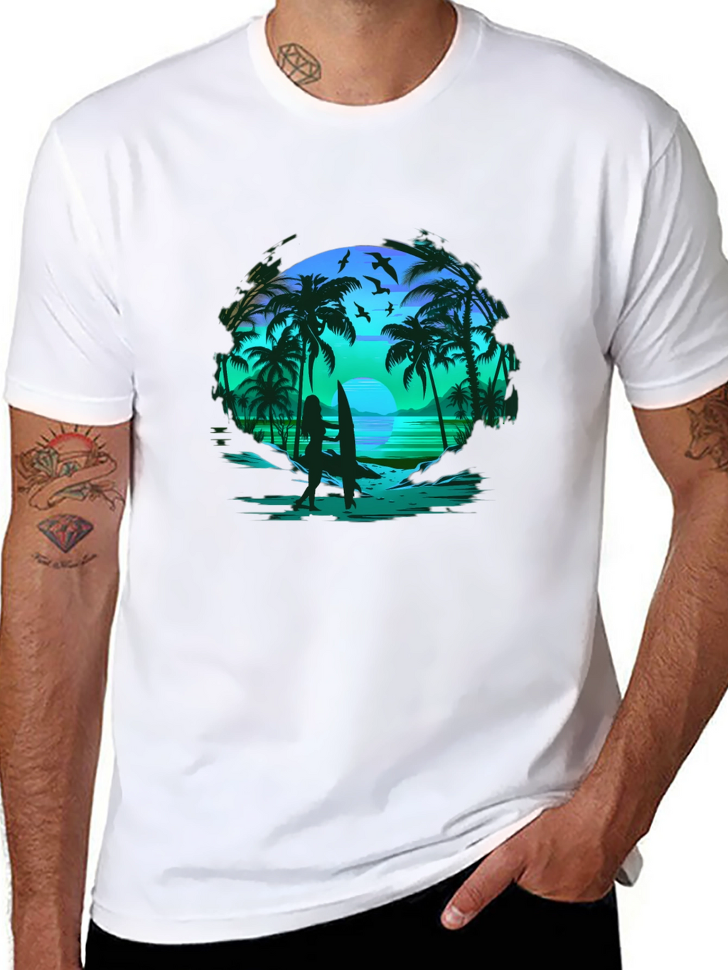 Tropical Beach Scene Black T-Shirt