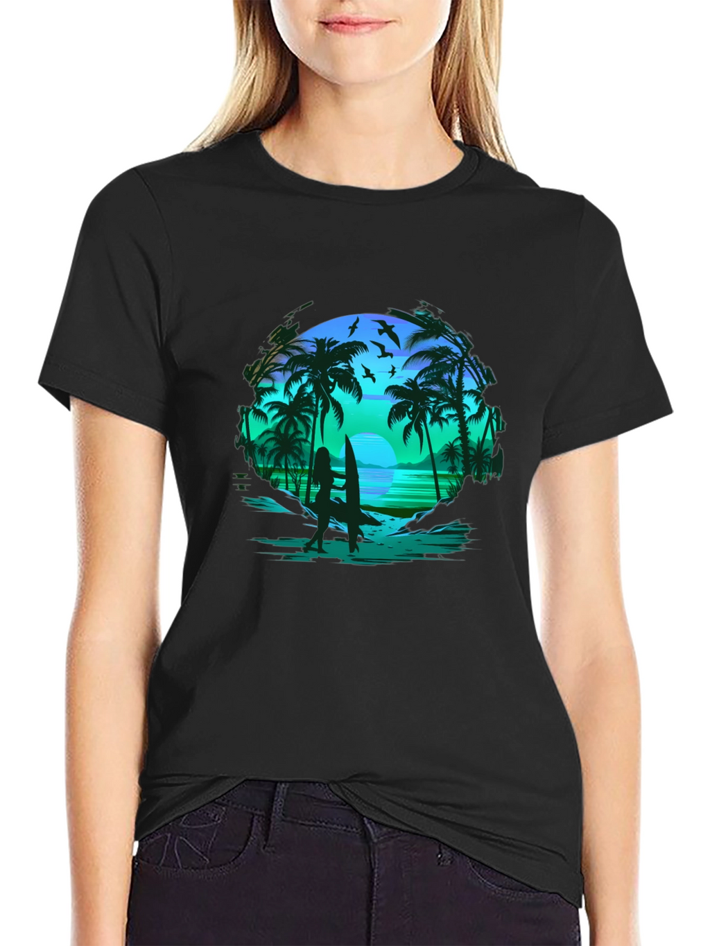 Tropical Beach Scene Black T-Shirt