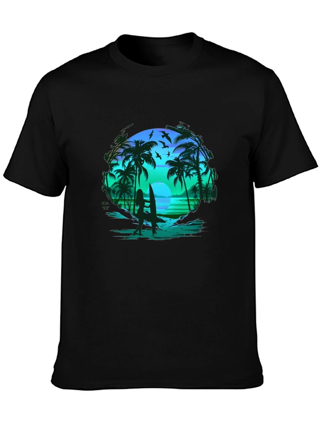 Tropical Beach Scene Black T-Shirt