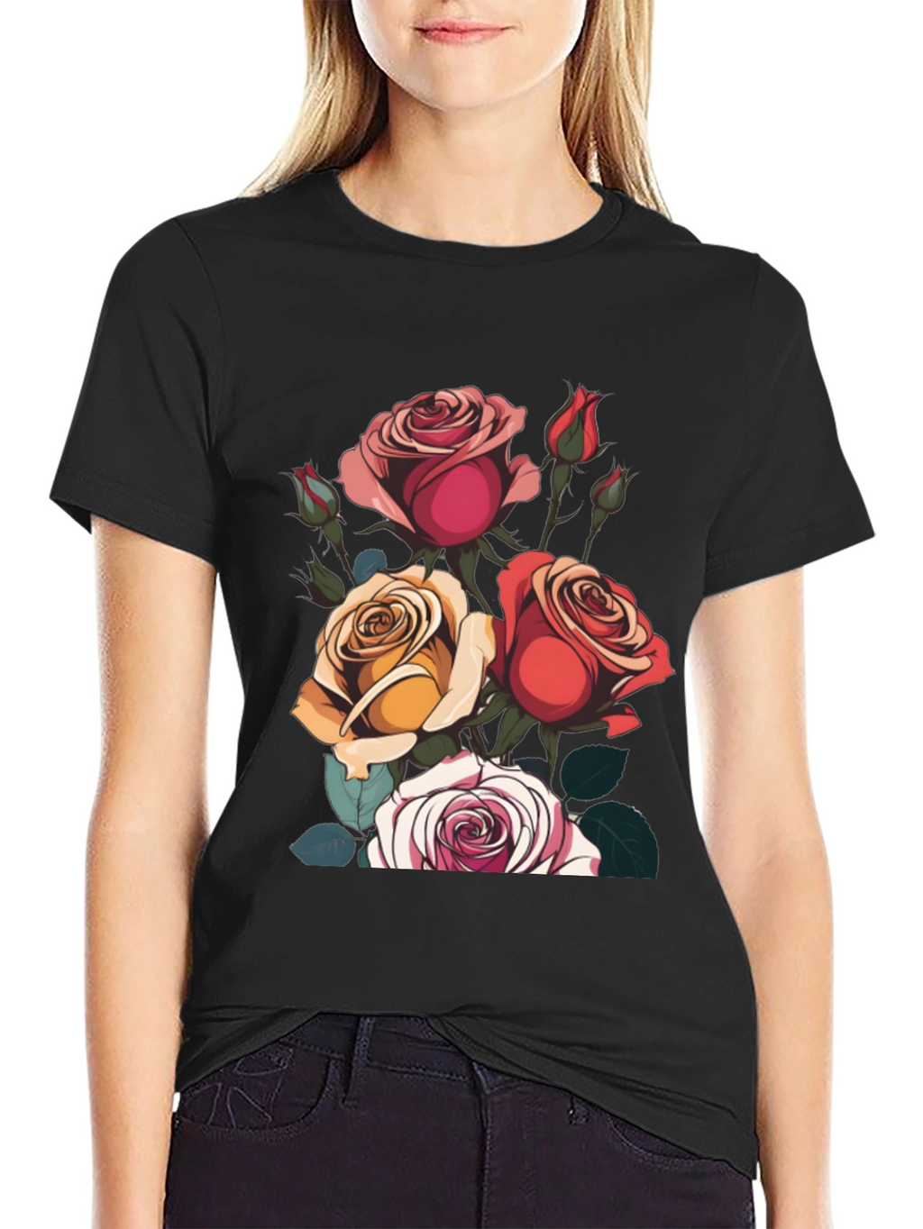 Floral Roses Graphic Tee - Classic Black