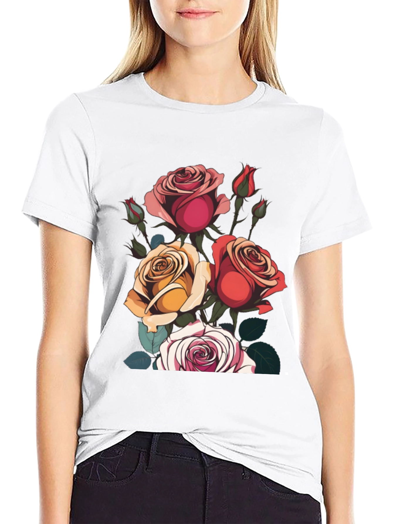 Floral Roses Graphic Tee - Classic Black