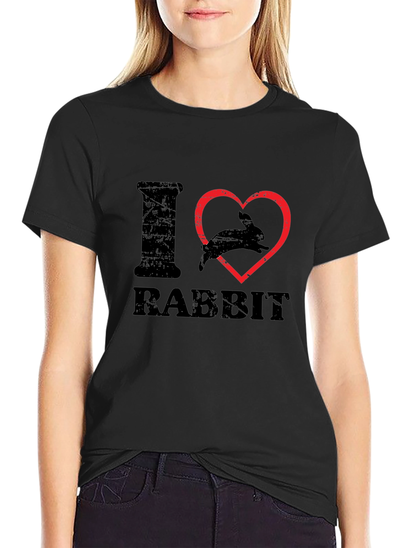 I Heart Rabbit T-Shirt Black Cotton Casual Wear