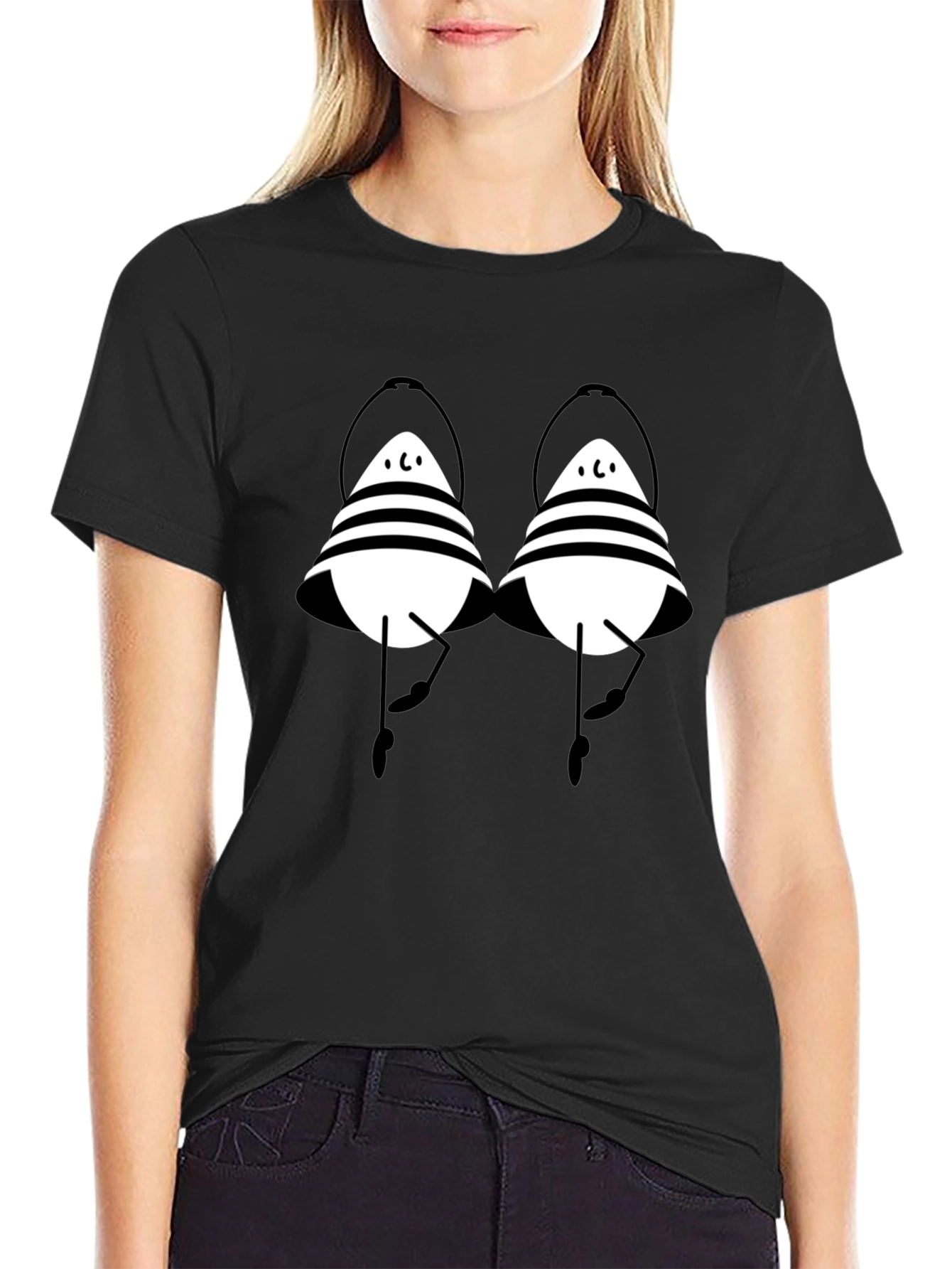 Striped Cartoon Character Black T-Shirt