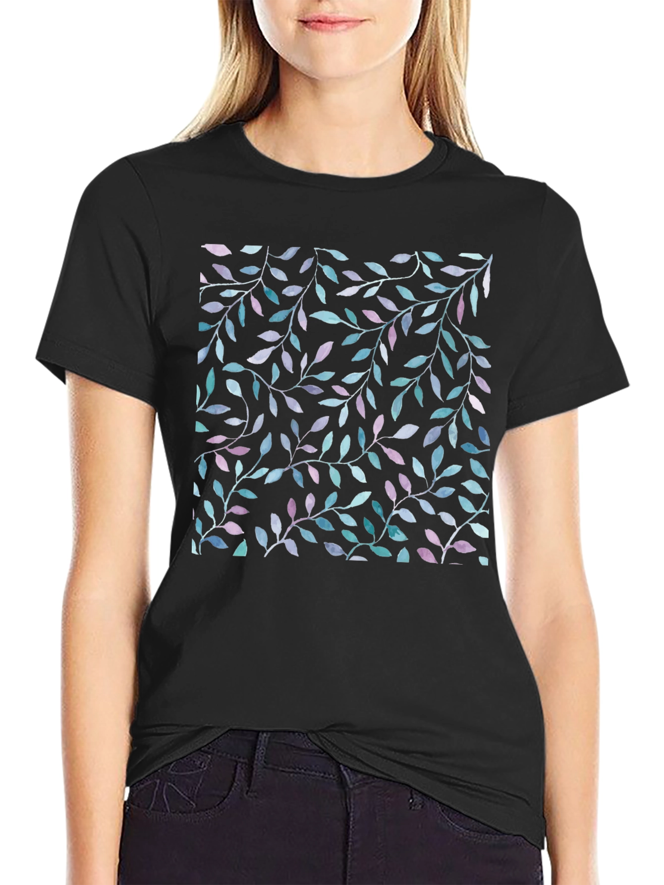 Leaf Print Black T-Shirt