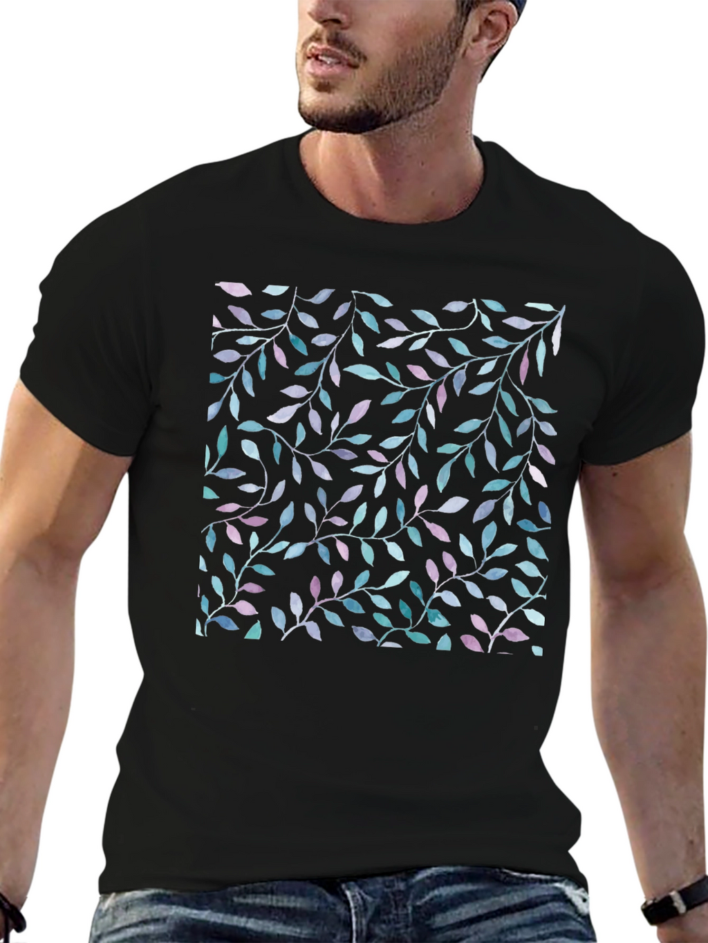 Leaf Print Black T-Shirt