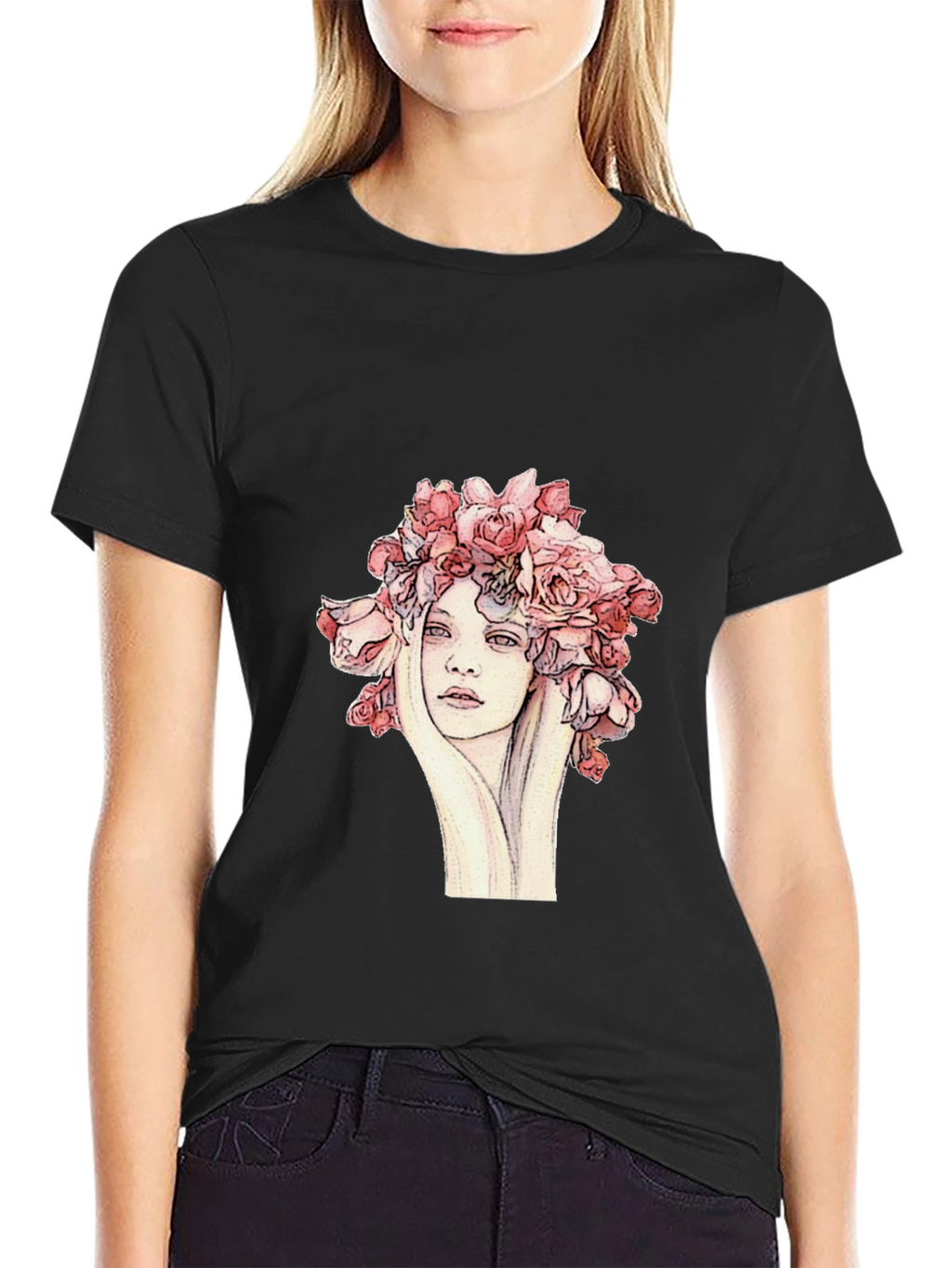 Floral Woman Graphic Tee - Unique Artistic Design